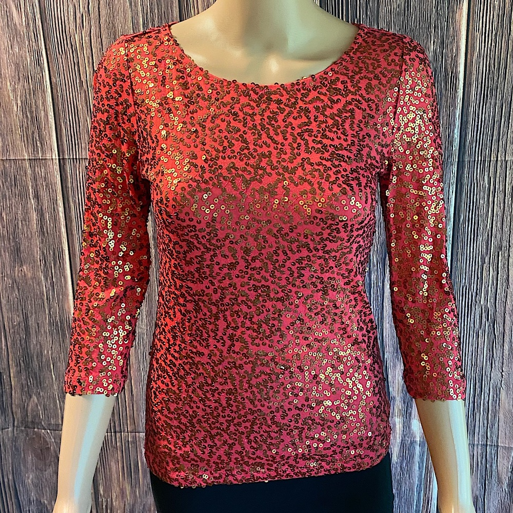 Calvin Klein size small salmon hot pink blouse with rose gold sequins